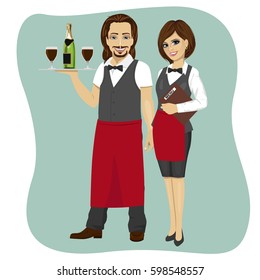 Waiter and waitress holding a serving tray with glass and bottle of champagne and menu