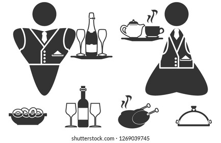 Waiter and waitress holding a tray with food from the restaurant. Restaurant kitchen icons. Waiter icon, logo.