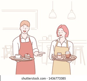 Waiter and waitress serving coffee and cake on tray. Hand drawn style vector design illustrations.