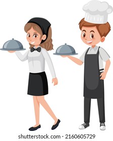 Camarero y camarera sirviendo ilustraciones de comida