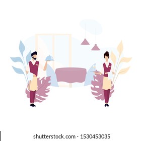 Waiter and waitress standing. Restaurant staff in the uniform, catering service. Isolated vector illustration in cartoon style