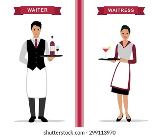  Waiter and waitress with trays 
