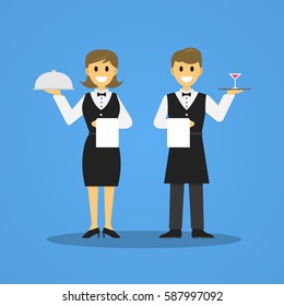 Waiter And Waitress Vector Illustration With Flat Style