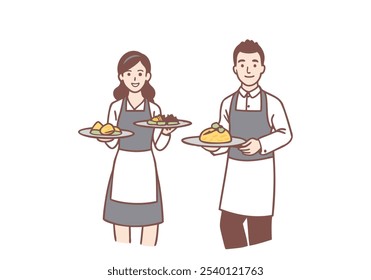 Garçom e garçonete vestindo uniforme com aventais, preparando banquetes, servindo comida em restaurante. Ilustrações de design de vetor de estilo desenhado à mão.