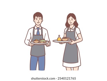 Garçom e garçonete vestindo uniforme com aventais, preparando banquetes, servindo comida em restaurante. Ilustrações de design de vetor de estilo desenhado à mão.