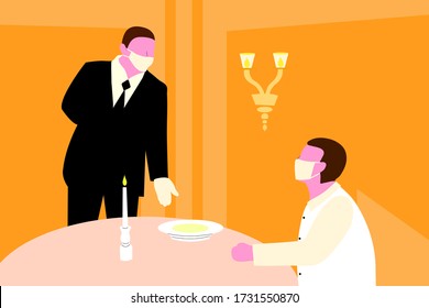 Waiter wearing a mask and gloves and serving the restaurant’s guests.
Applying safety measures (Covid-19 or coronavirus).