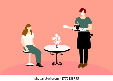 Waiter wearing a mask and gloves and serving the Cafe’s guests. Applying safety measures (Covid-19 or coronavirus). Vector Illustration.