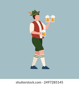 Waiter Wearing Traditional Oktoberfest Costume. Flat cartoon illustration.