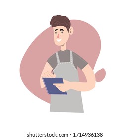 Waiter wearing the uniform. Cartoon character. Fun flat cartoon server person. Isolated on white background. Vector illustration