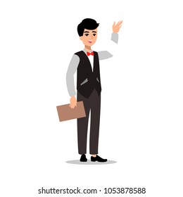 Waiter wearing the uniform holding a dish of chicken cartoon character. Fun flat cartoon person. Isolated on white background. 