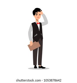 Waiter wearing the uniform holding a dish of chicken cartoon character. Fun flat cartoon person. Isolated on white background. 