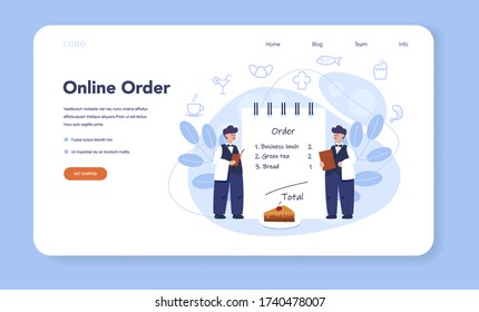 Waiter web banner or landing page set. Restaurant staff in the uniform, catering service. Table reservation and online order. Isolated vector illustration in cartoon style