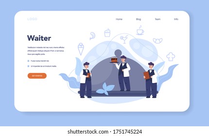 Waiter web banner or landing page set. Restaurant staff in the uniform, catering service. Table reservation and online order. Isolated vector illustration in cartoon style