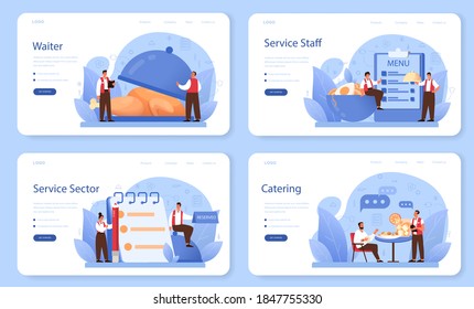 Waiter web banner or landing page set. Restaurant staff in the uniform, catering service. Table setting and customer calculation, sharing tips. Isolated vector illustration in cartoon style