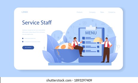 Waiter web banner or landing page. Restaurant staff in the uniform, catering service. Table setting and customer calculation, sharing tips. Isolated vector illustration in cartoon style