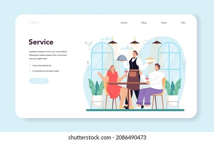 Waiter web banner or landing page. Restaurant staff in the uniform, catering service. Order acceptance and customer service. Isolated vector illustration in cartoon style