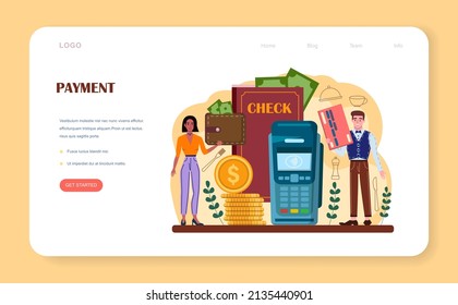 Waiter web banner or landing page. Restaurant staff in the uniform, catering service. Order acceptance, payment and customer service. Flat vector illustration