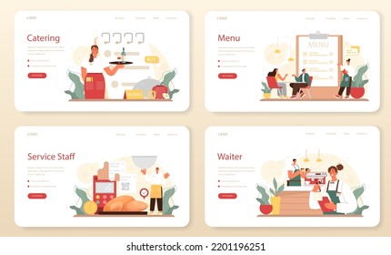 Waiter web banner or landing page set. Restaurant staff in the uniform, catering service. Order acceptance, payment and customer service. Flat vector illustration