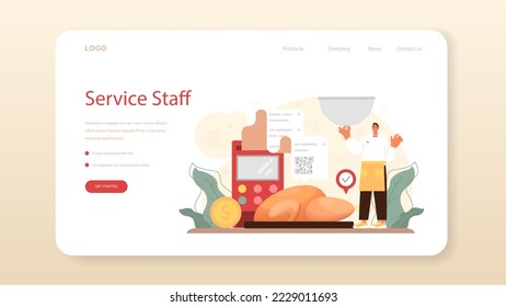 Waiter web banner or landing page. Restaurant staff in the uniform, catering service. Order acceptance, payment and customer service. Flat vector illustration