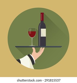 Waiter with wine bottle and glass and tray on outstretched arm. Drinks Service icon with long shadow. Simple  vector.