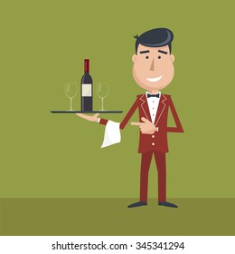 Waiter with wine bottle and wine glass and tray on outstretched arm. Invitation to drink wine. Alcohol Service. Simple flat vector.EPS 10.
