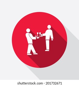 Waiter with wineglass icon. Service restaurant symbol. Round red circle flat icon with long shadow. Vector