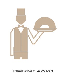 Camarero sin rostro de estilo plano aislado en un fondo blanco. El camarero mantiene la orden con una mano. Hombre con el uniforme de camarero. Ilustración del vector