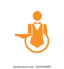 Waiter without a face in a flat style isolated on a white background. The waiter holds the order with one hand. Man in the uniform of a waiter. Vector illustration