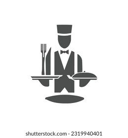 Waiter without a face in a flat style isolated on a white background. The waiter holds the order with one hand. Man in the uniform of a waiter. Vector illustration