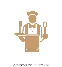 Waiter without a face in a flat style isolated on a white background. The waiter holds the order with one hand. Man in the uniform of a waiter. Vector illustration