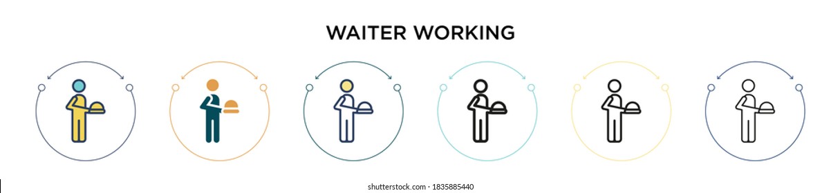 Waiter working icon in filled, thin line, outline and stroke style. Vector illustration of two colored and black waiter working vector icons designs can be used for mobile, ui, web