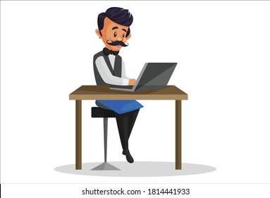 Waiter is working on a laptop. Vector graphic illustration. Individually on white background.