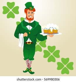 The waiter a young guy in a suit of St. Patrick. Festive vector illustration in cartoon style.