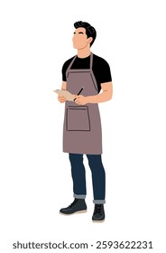 Waiter young man in a black shirt and apron is writing on a piece of paper. Flat vector illustration isolated on white background