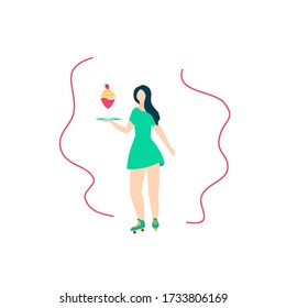 Waiter, young woman on roller-skates carrying glass cup with sweet dessert on tray. Fast service, delivery concept. Flat vector illustration, isolated objects.