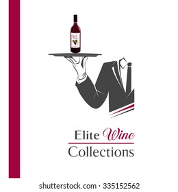 Waiter/butler holds a tray with a bottle of wine vector isolated. Classic banner/logo for restaurant/cafe menu and also wine list. Elite wine collections sign. Great design element for catering logo.