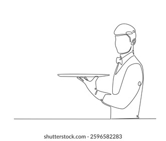 Waiters carrying empty trays in simple line art illustration. Continuous one line draw of restaurant waiter man holding tray.