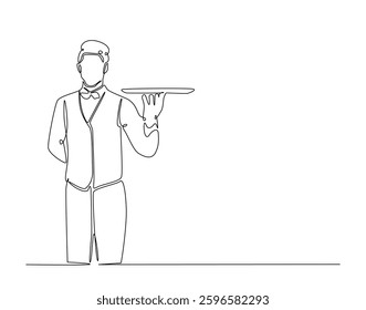 Waiters carrying empty trays in simple line art illustration. Continuous one line draw of restaurant waiter man holding tray.