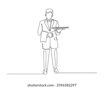 Waiters carrying empty trays in simple line art illustration. Continuous one line draw of restaurant waiter man holding tray.