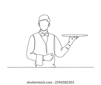 Waiters carrying empty trays in simple line art illustration. Continuous one line draw of restaurant waiter man holding tray.