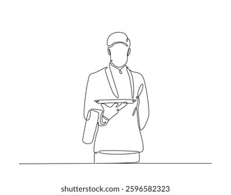 Waiters carrying empty trays in simple line art illustration. Continuous one line draw of restaurant waiter man holding tray.