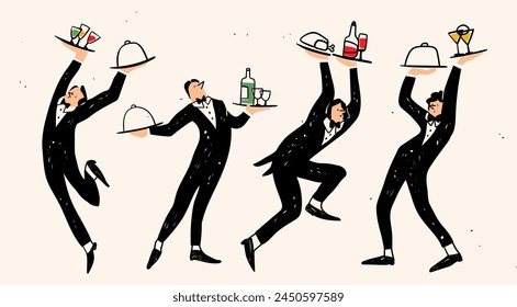 Waiters carrying trays with various dishes. Cute cartoon characters. Hand drawn Vector illustration. Isolated design elements. Restaurant staff, service, professional kitchen, cooking, food concept