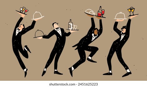 Waiters carrying trays with various dishes. Cute cartoon characters. Hand drawn Vector illustration. Isolated design elements. Restaurant staff, service, professional kitchen, cooking, food concept