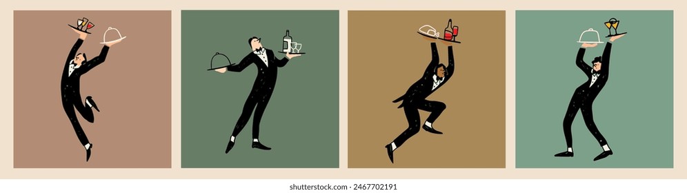 Waiters carrying trays with various dishes. Cute cartoon characters. Hand drawn Vector illustration. Isolated design elements. Restaurant staff, service, professional kitchen, cooking, food concept