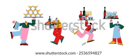 Waiters cartoon characters in uniforms and aprons. Cafe employees carry food on a tray to restaurant visitors. Staff serves visitors, human professions