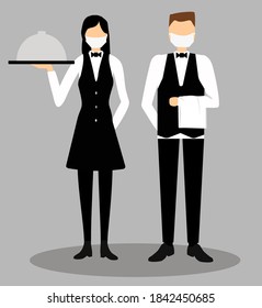 Waiters in face mask serves food. Waiter woman and man on the gray background. Food delivery during coronavirus pandemic. COVID-19. Flat. Vector illustration