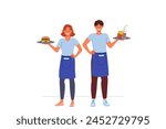 Waiters from fast food restaurant work together to deliver customers order, holding burgers and fries on trays. Man and woman working as waiters in cafe, enjoying jobs in hospitality industry