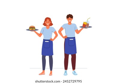 Waiters from fast food restaurant work together to deliver customers order, holding burgers and fries on trays. Man and woman working as waiters in cafe, enjoying jobs in hospitality industry