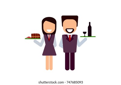 Waiters with food and drinks. Vector