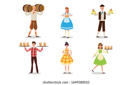 Waiters in german uniform serving beer drinks vector illustration